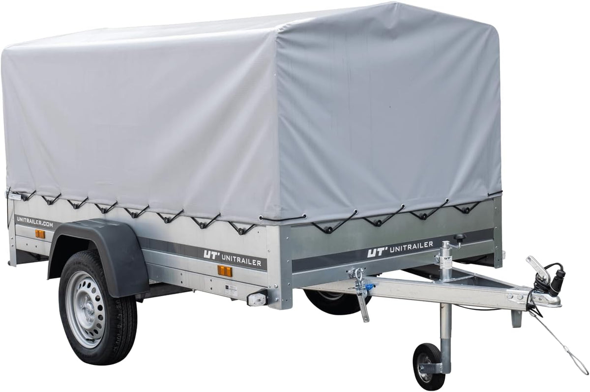 UNITRAILER Trailer Car 230 x 125 cm Garden Trailer 230 Tilting Unitrailer 750 kg with Jockey Wheel, Tarpaulin and High Arrow
