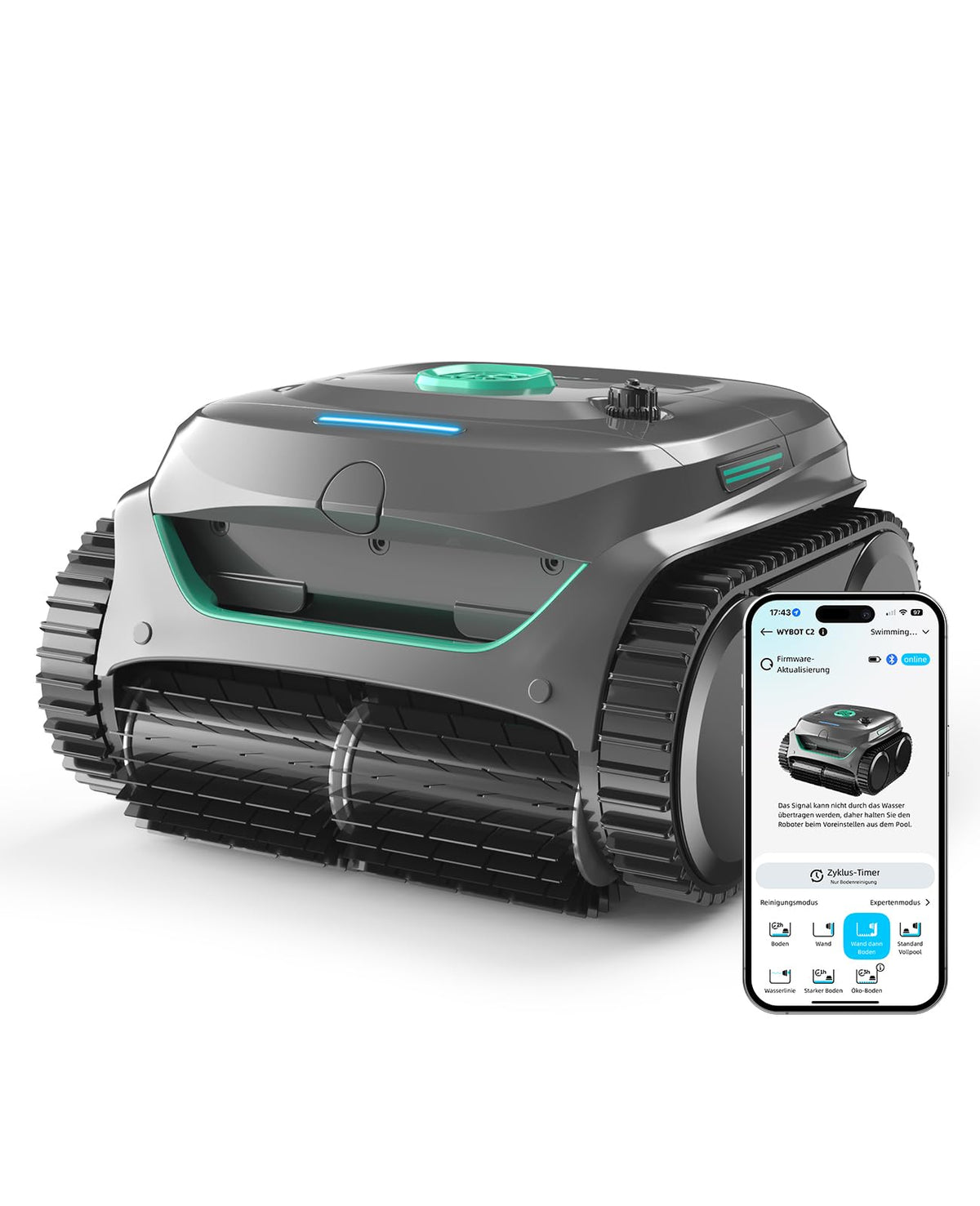 WYBOT C2 Poolroboter Akku Boden und Wand für Einbaupools bis 150m2, Doppelfiltration, 3-Fach Motor, Starke Saugkraft, Wandkletter & Wasserlinie, 183 Min, App(Schwarz-Grün B)