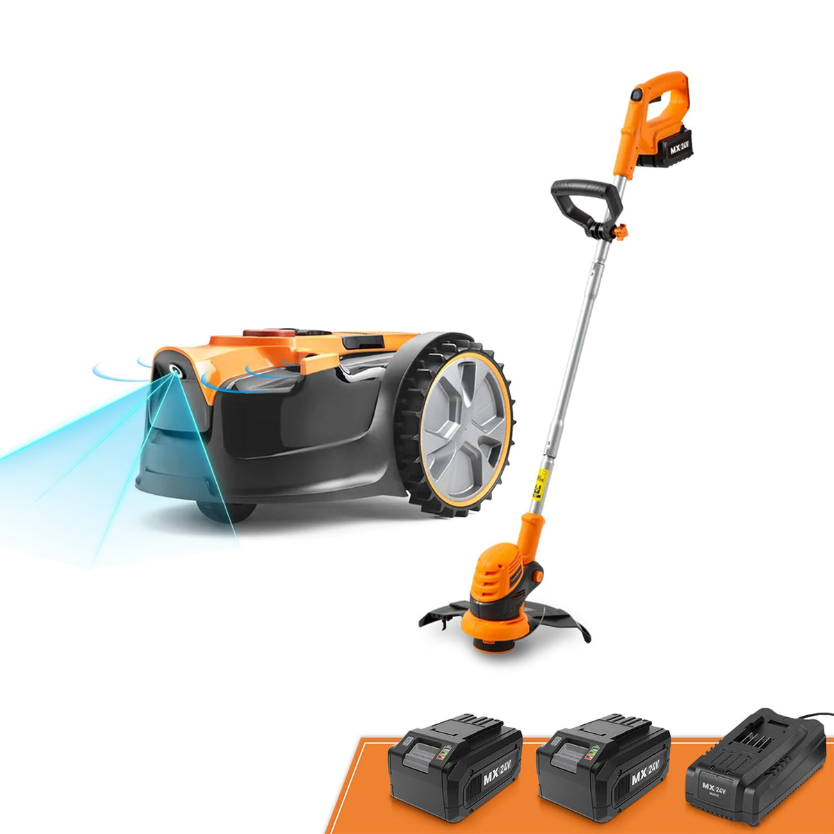 LawnMaster OcuMowTM Roboter-Rasenmäher mit kabellosem 24V MAX 10-Zoll-Gras-Trimmer-Kombi-Set, optische Navigation, automatische Hindernisvermeidung, punktgenauer Schnitt.
