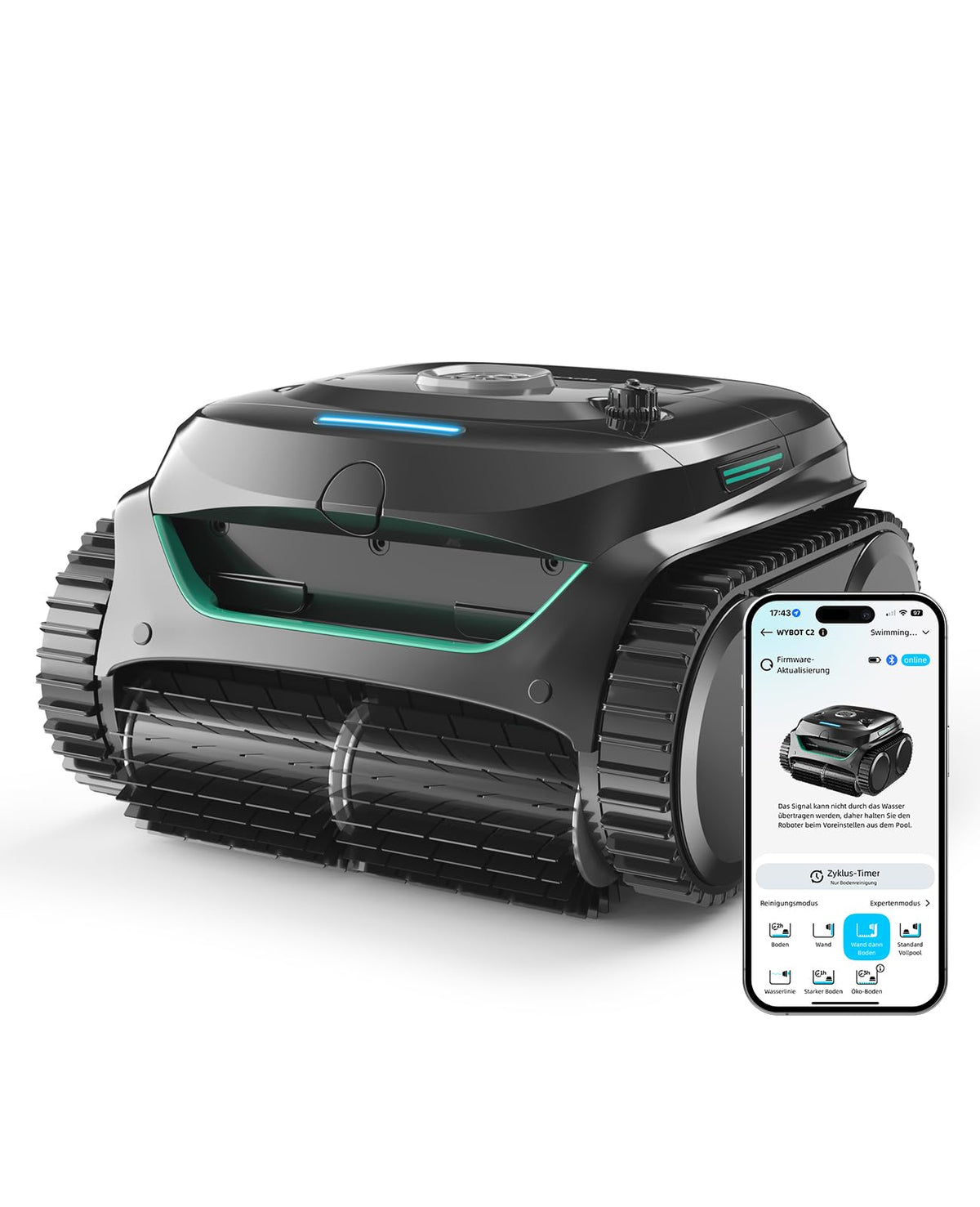WYBOT C2 Poolroboter Akku Boden und Wand für Einbaupools bis 150m2, Doppelfiltration, 3-Fach Motor, Starke Saugkraft, Wandkletter & Wasserlinie, 183 Min, App(Schwarz-Grün B)