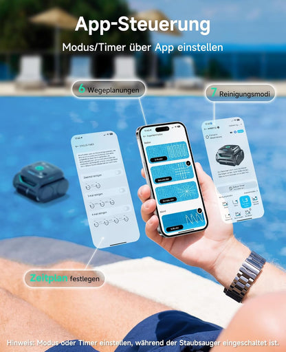 Modo Living WYBOT C2 Poolroboter Akku, Boden & Wand, bis 150m2, Doppelfilter, 3 Motoren, Wandkletter, 183 Min, App, Schwarz-Grün B