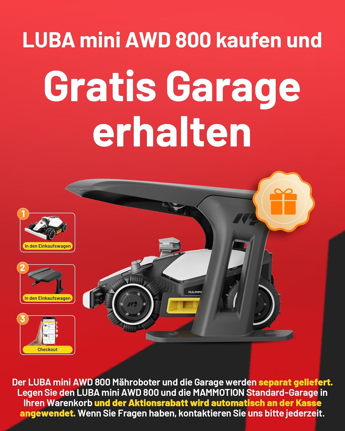 Modo Living LUBA mini AWD 800, 800m2, Ohne Kabel, NetRTK+Vision, 4G, 80% Steigung