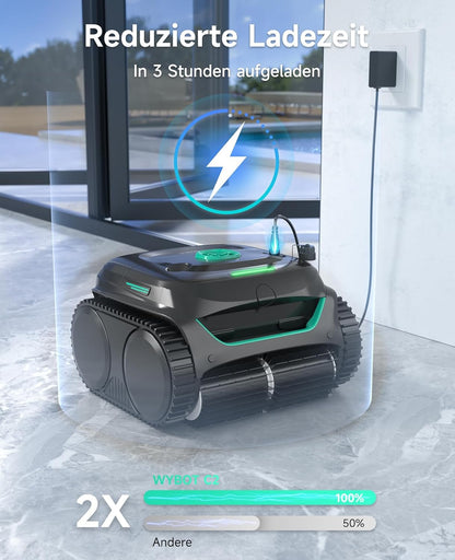 Modo Living WYBOT C2 Poolroboter Akku, Boden & Wand, bis 150m2, Doppelfilter, 3 Motoren, Wandkletter, 183 Min, App, Schwarz-Grün B