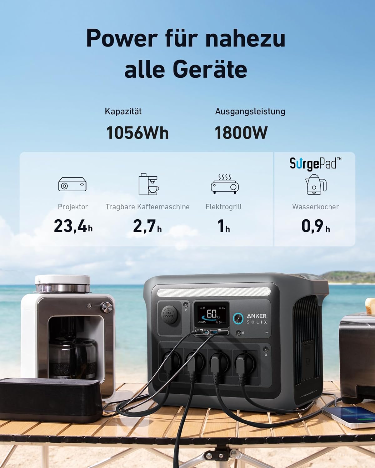 Modo Living Anker SOLIX C1000 Powerstation 1056Wh, 1800W, mit Tasche & 4 AC-Steckdosen