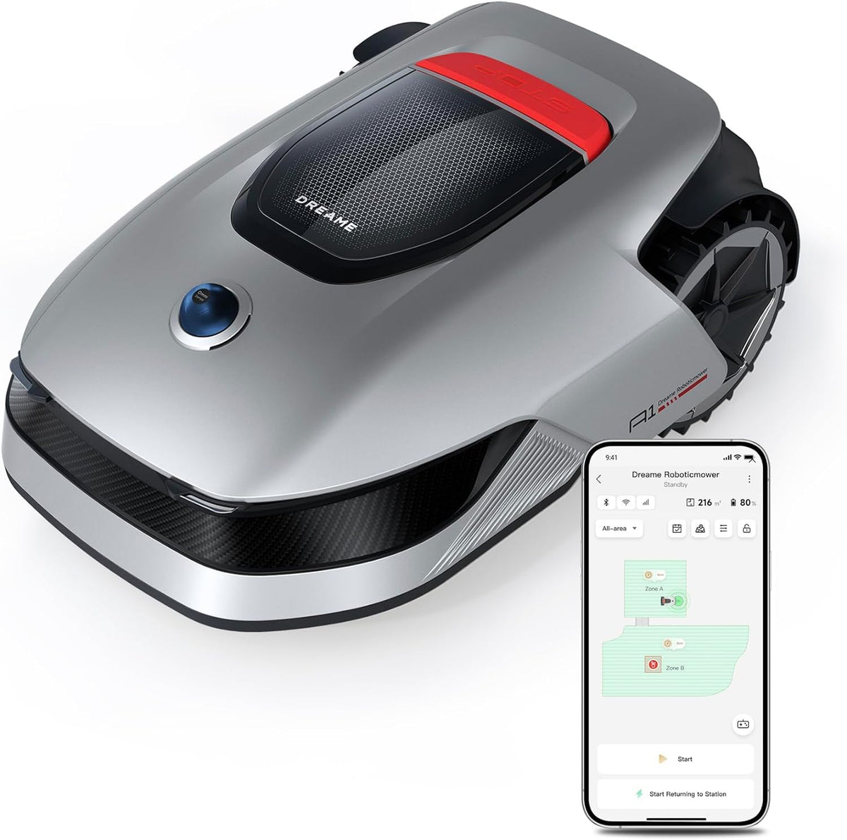 DREAME Intelligenter Mähroboter A1 Pro, Drahtloser Umfang Mähroboter, 2000m2, App-Steuerung, OmniSenseTM Technologie, Intuitive Zonenverwaltung, Intelligente Hindernisvermeidung, Offroad-Reifen