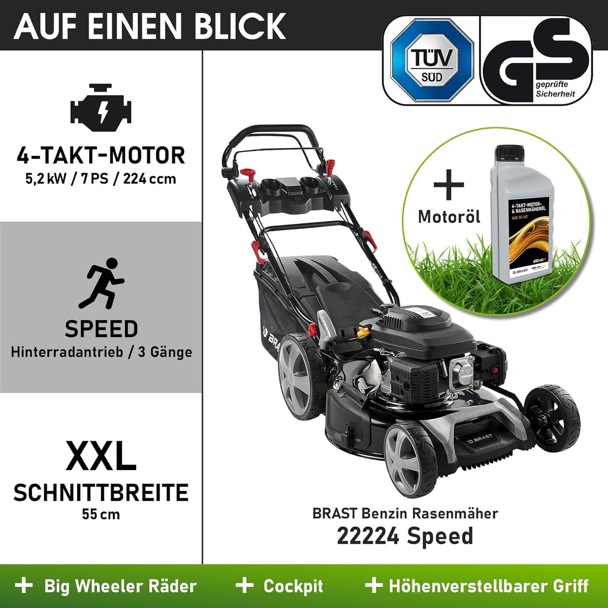 Modo Living BRAST® Benzin Rasenmäher mit Antrieb | 5,2kW (7PS) | 55cm Schnittbreite | viele Modelle | TÜV | 30-80mm Schnitthöhe | 60L Fangkorb | 4 Takt OHV Motor | Stahlgehäuse | Speed