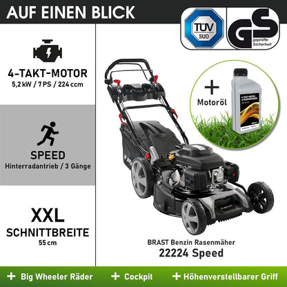 Modo Living BRAST® Benzin Rasenmäher mit Antrieb | 5,2kW (7PS) | 55cm Schnittbreite | viele Modelle | TÜV | 30-80mm Schnitthöhe | 60L Fangkorb | 4 Takt OHV Motor | Stahlgehäuse | Speed