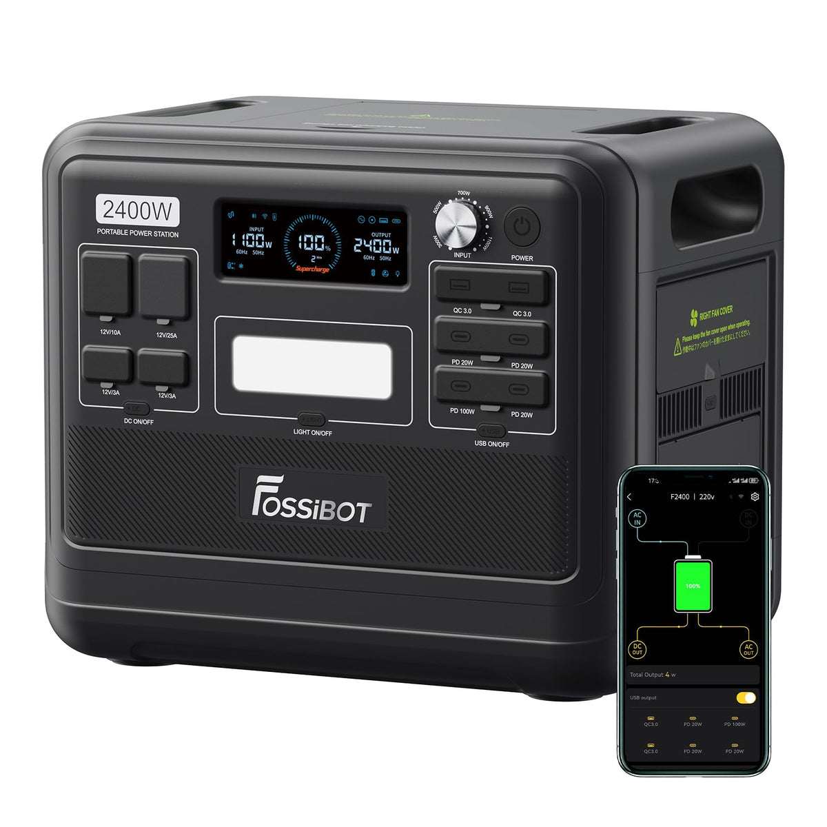 FOSSIBOT F2400 Solargenerator, Tragbare Powerstation 2048Wh LiFePO4 Batterie-Backup mit 2400W AC Ausgängen (4800W Peak), Power station für Outdoor-Camping, Wohnmobil-Reisen, Hausgebrauch