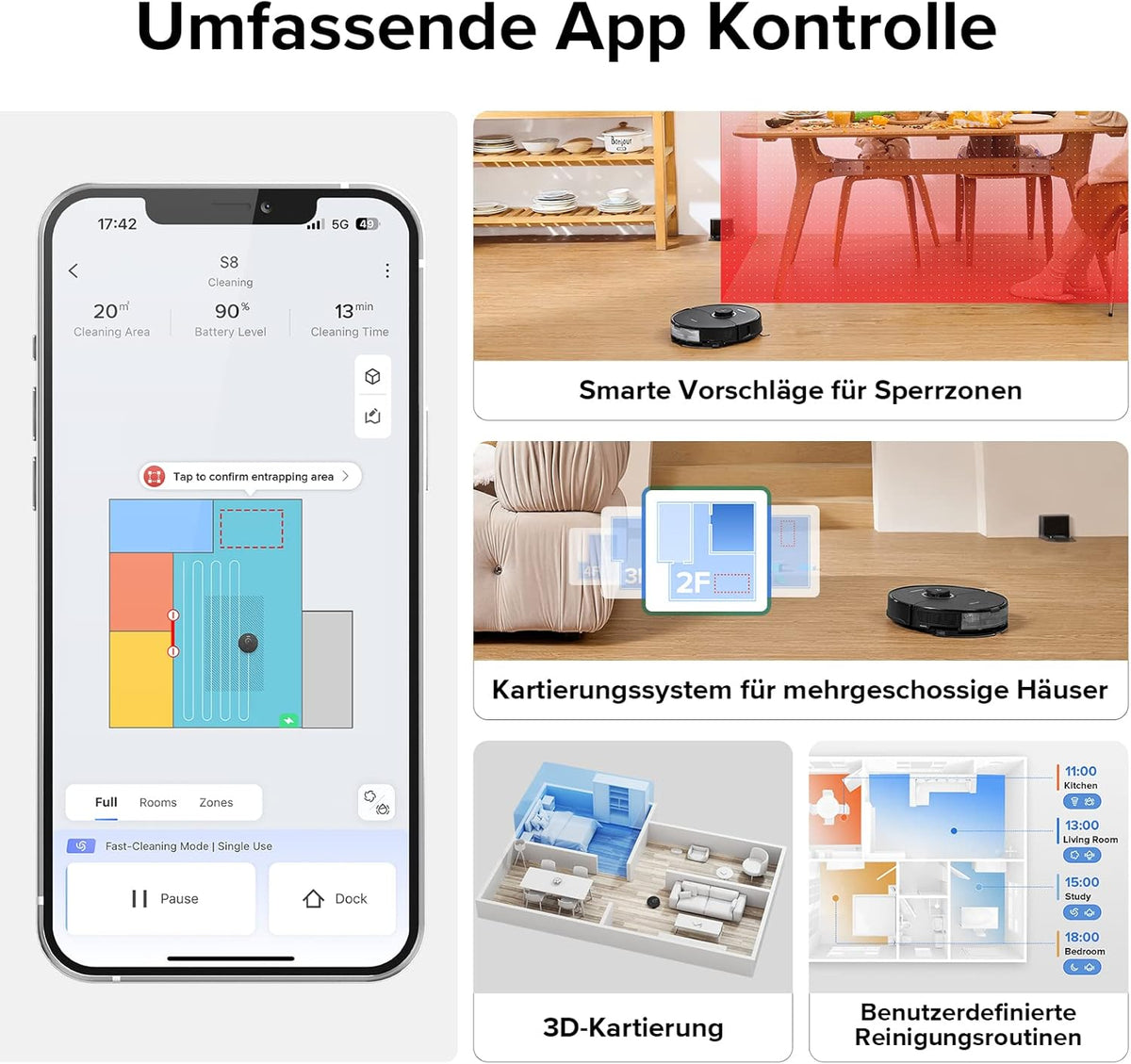 Modo Living Roborock S8, 6000Pa, Doppelbürste, 3D Hindernisvermeidung, Alexa-kompatibel, Tierhaare
