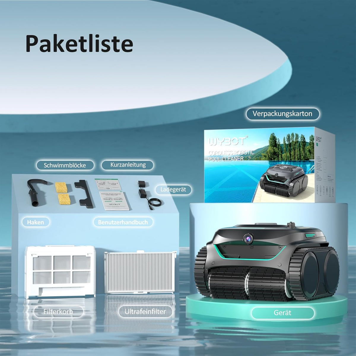 Modo Living WYBOT C2 Vision AI Kabelloser Poolroboter, Akku, Boden & Wand, Zweischicht-Filter, starke Absaugung, bis 180m2