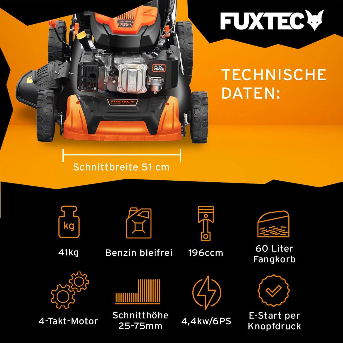 Modo Living FUXTEC FX-RM5196eSPRO 4in1 Benzinmäher, E-Start & Antrieb, 51 cm Schnitt