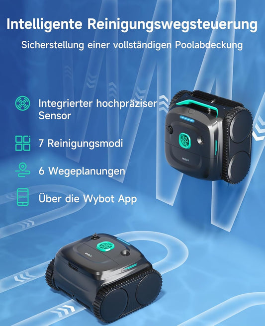 Modo Living WYBOT C2 Poolroboter Akku, Boden & Wand, bis 150m2, Doppelfilter, 3 Motoren, Wandkletter, 183 Min, App, Schwarz-Grün B