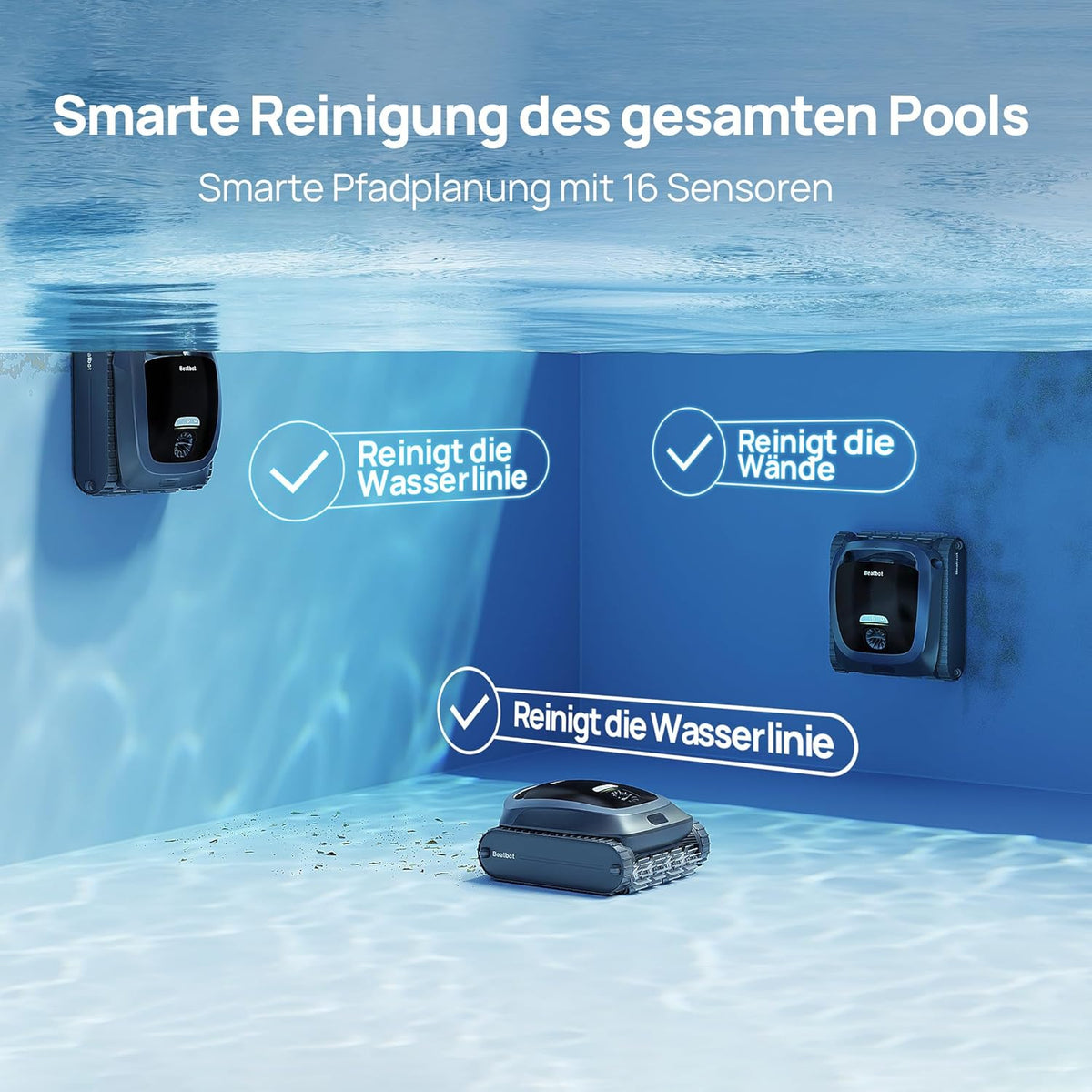 Modo Living Beatbot AquaSense 2 Akku Poolroboter, Boden & Wand, Wasserlinie doppelt, bis 300m2, Midnight Blue
