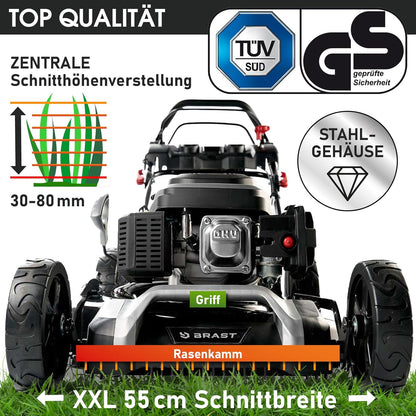 Modo Living BRAST® Benzin Rasenmäher mit Antrieb | 5,2kW (7PS) | 55cm Schnittbreite | viele Modelle | TÜV | 30-80mm Schnitthöhe | 60L Fangkorb | 4 Takt OHV Motor | Stahlgehäuse | Speed