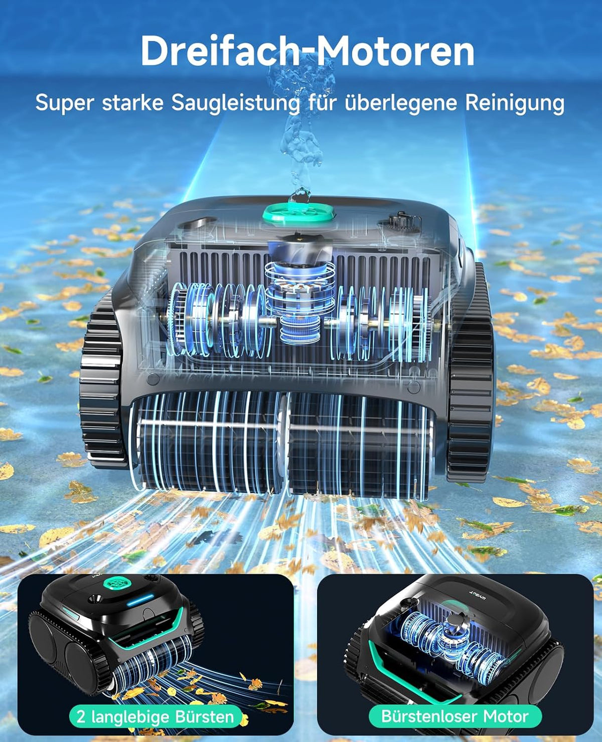 Modo Living WYBOT C2 Poolroboter Akku, Boden & Wand, bis 150m2, Doppelfilter, 3 Motoren, Wandkletter, 183 Min, App, Schwarz-Grün B