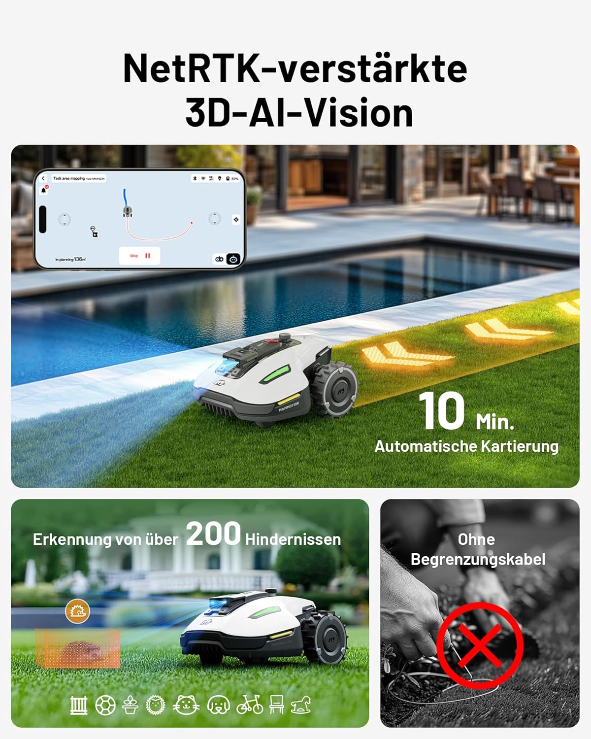 Modo Living YUKA Mini 500 Robotic Lawnmower, No Boundary Cable, 4G, Auto Mapping, 500m2, 50% Incline