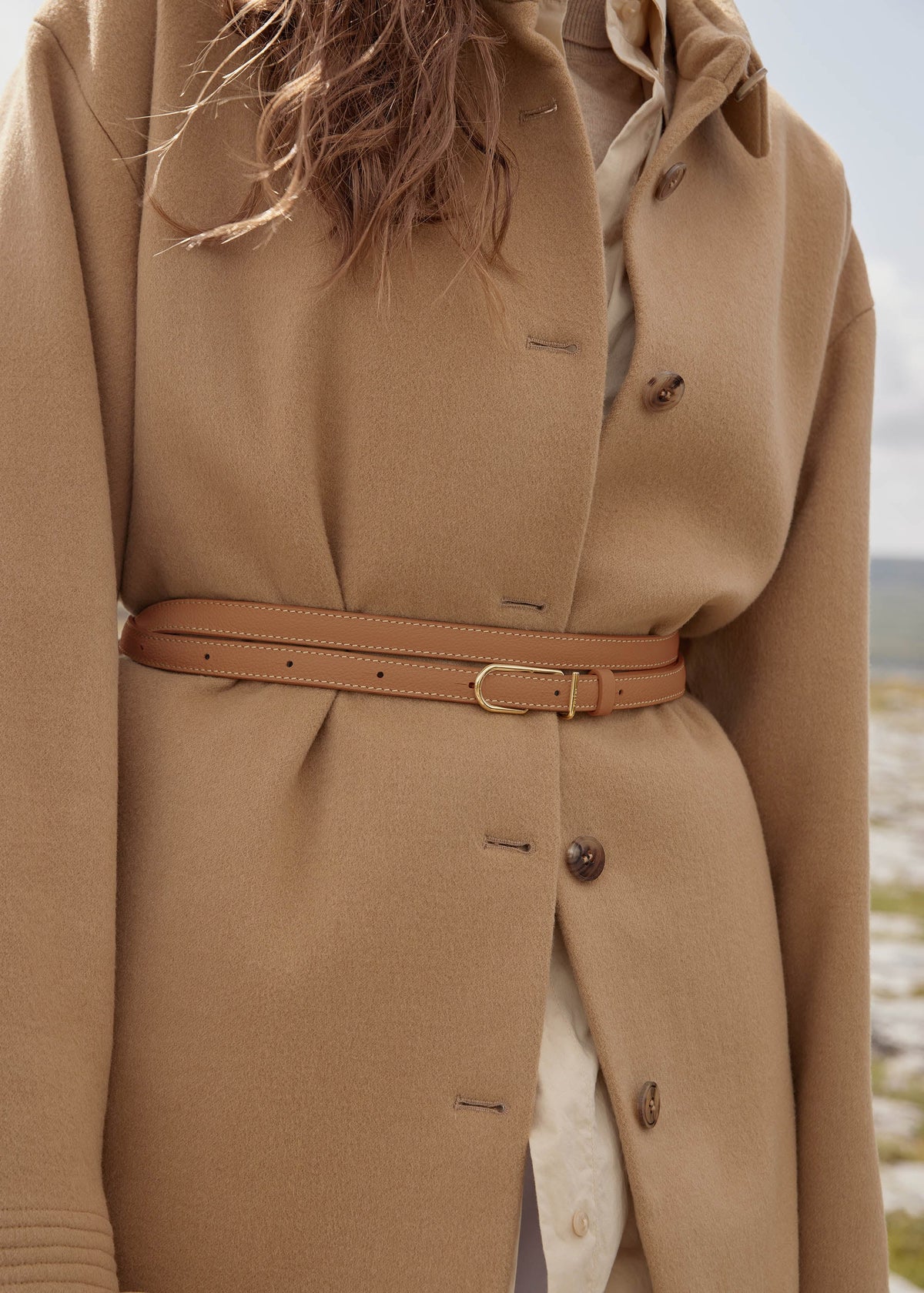 Schmaler Umi Gürtel - Camel Genarbtes Leder